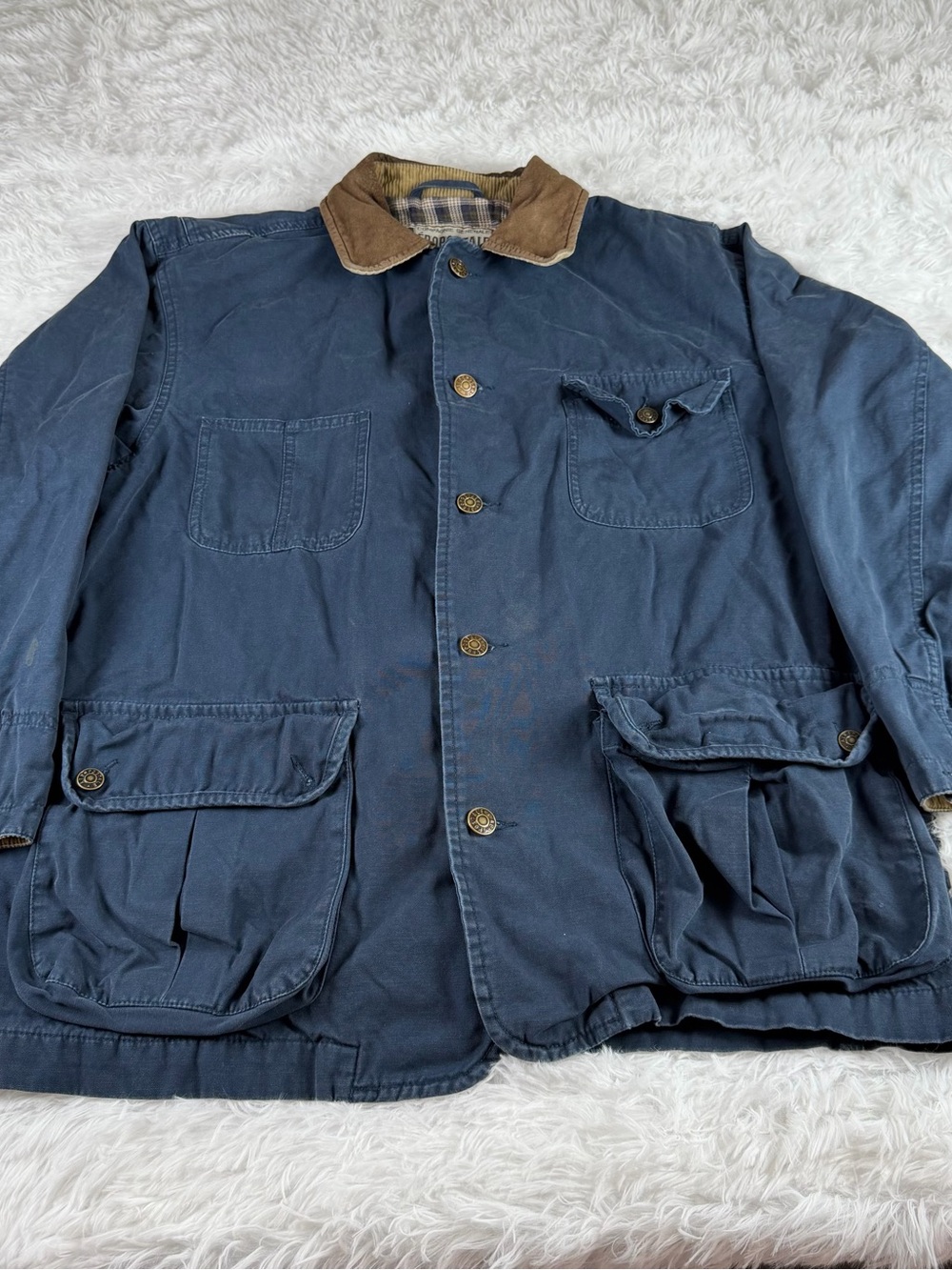 Aeropostale men’s small Navy Jacket with Brown leather Corduroy Collar plaid Lin